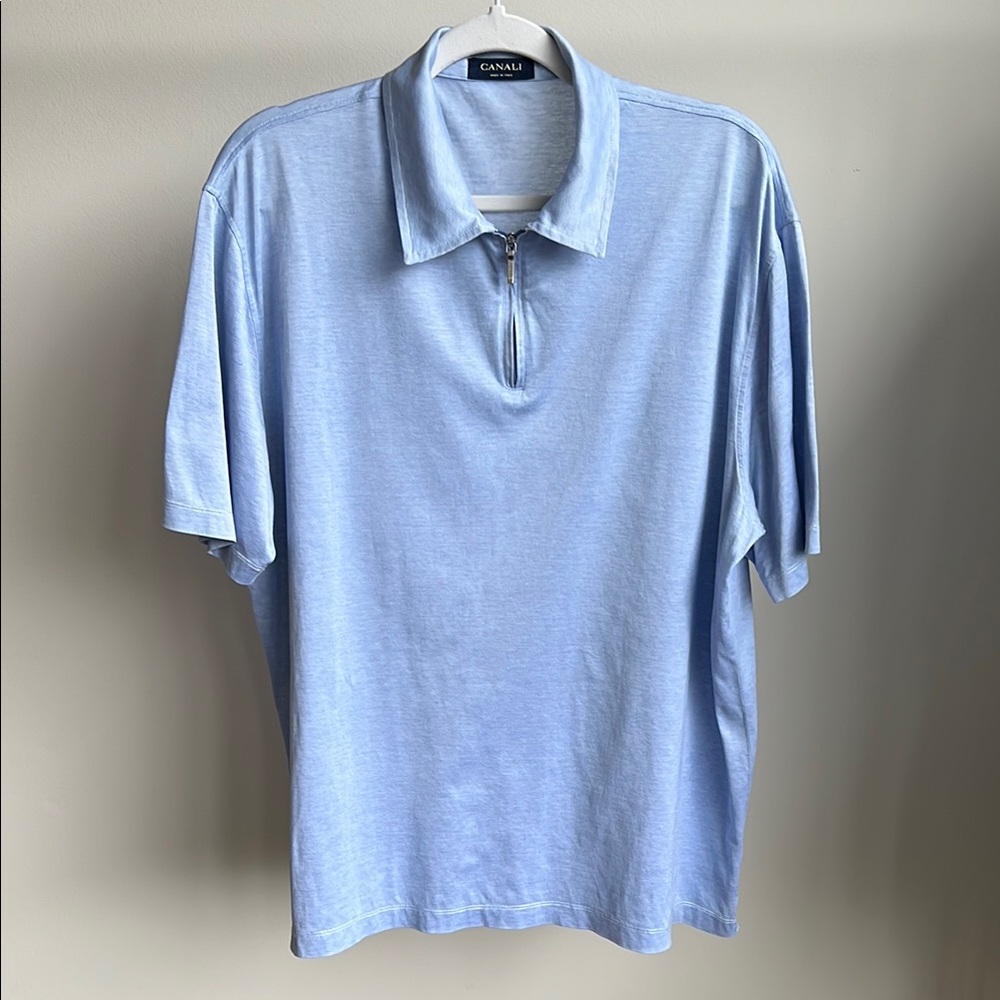 Canali Men's Light Blue Zip Front Polo Shirt